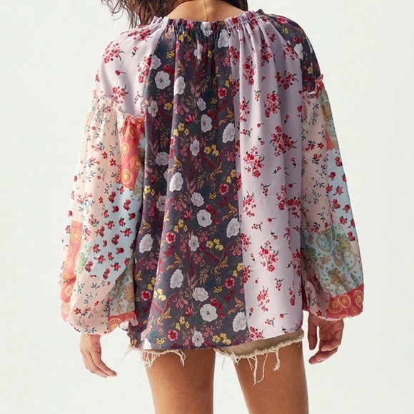 Boho Floral Print Patchwork Neck Tie Long Sleeve Blouse - Picture 6 of 7